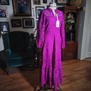 Sunfere Purple Lace Maxi Dress Long Sleeve Boho Festival Romantic Evening Formal